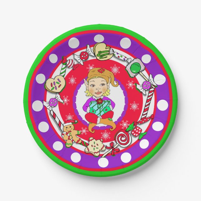 Christmas Elf Girl Whimsical Candy Polka Dot Paper Plate (Front)