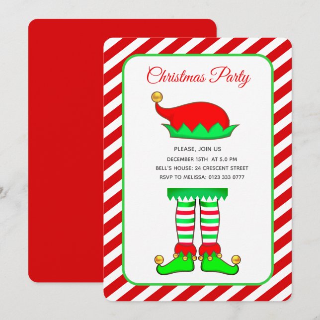 Christmas Elf Hat on Red and White Christmas Invitation (Front/Back)