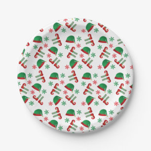 Christmas Elf Hat Snowflakes Pattern Green Red Paper Plate
