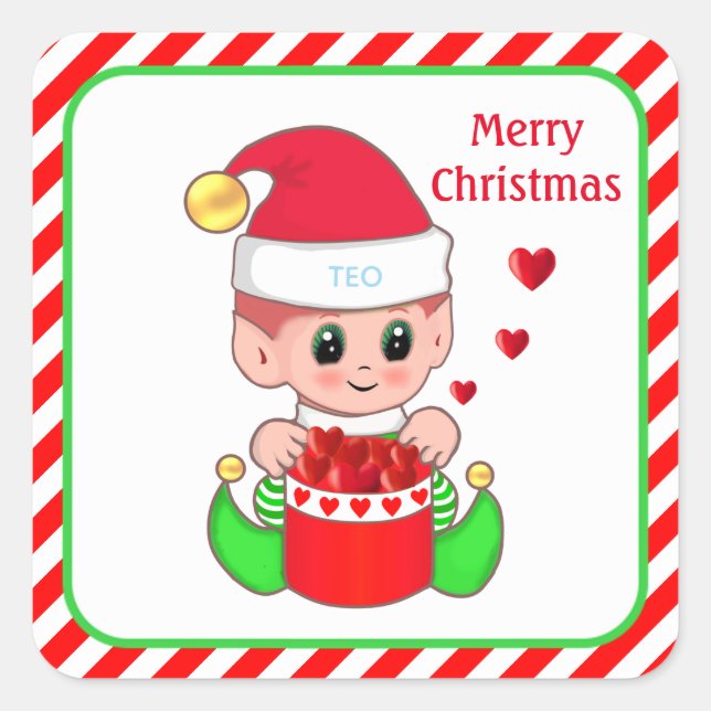 Christmas elf, hearts & editable text square sticker (Front)