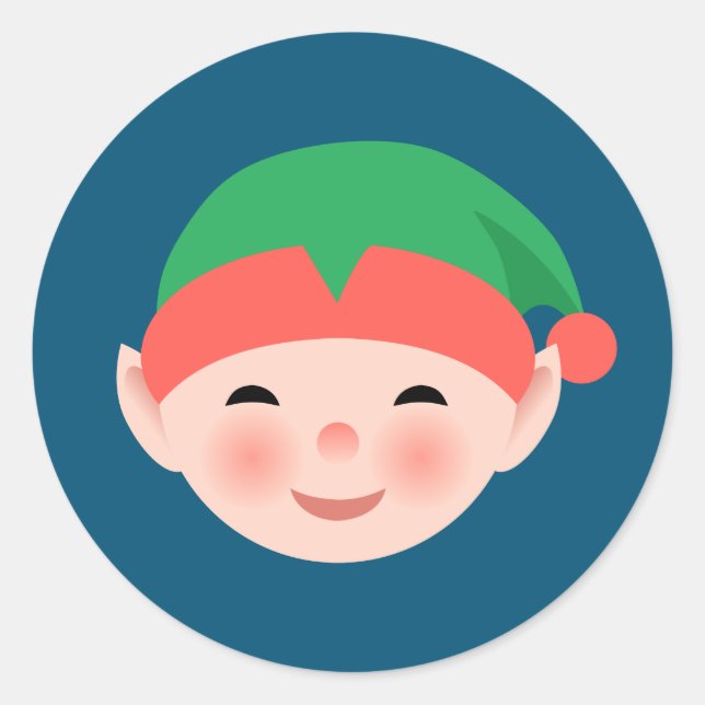 Christmas Elf in Green Hat on Blue Classic Round Sticker (Front)