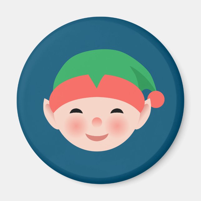 Christmas Elf in Green Hat on Blue Magnet (Front)