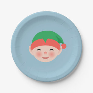 Christmas Elf in Green Hat on Light Blue Paper Plate