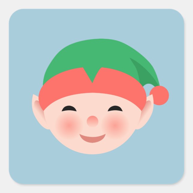 Christmas Elf in Green Hat on Light Blue Square Sticker (Front)