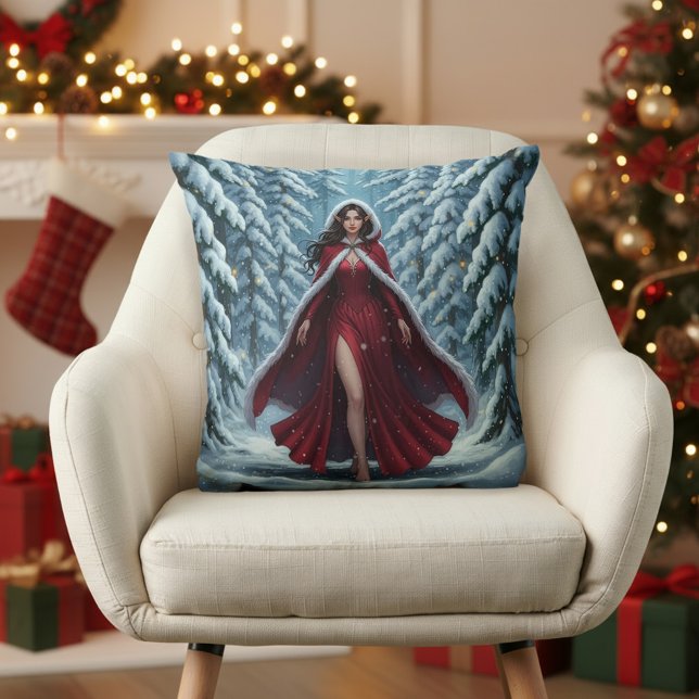 Christmas Elf in Red in Snowy Winter Forest Cushion (Creator Uploaded)