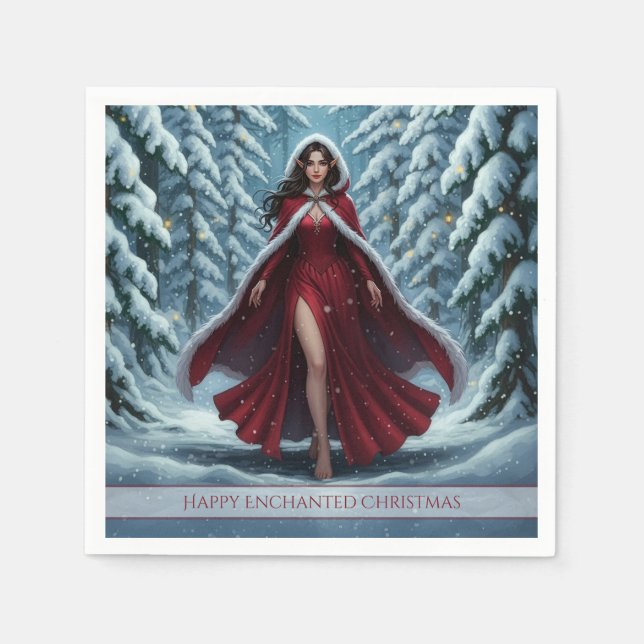 Christmas Elf in Red in Snowy Winter Forest Napkin (Front)