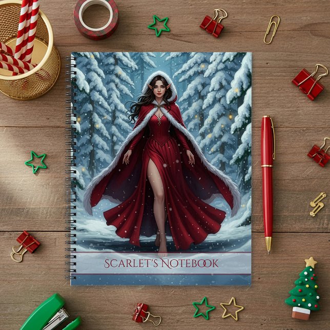 Christmas Elf in Red in Snowy Winter Forest Notebook (Creator Uploaded)