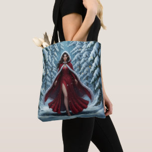 Christmas Elf in Red in Snowy Winter Forest Tote Bag