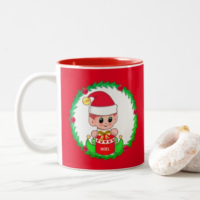 Christmas elf inside a pine wreath Two-Tone coffee mug (With Donut)