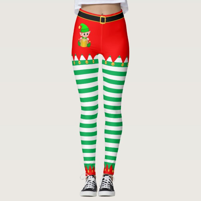 Christmas Elf & Jingle Bells on Green and White Leggings (Front)