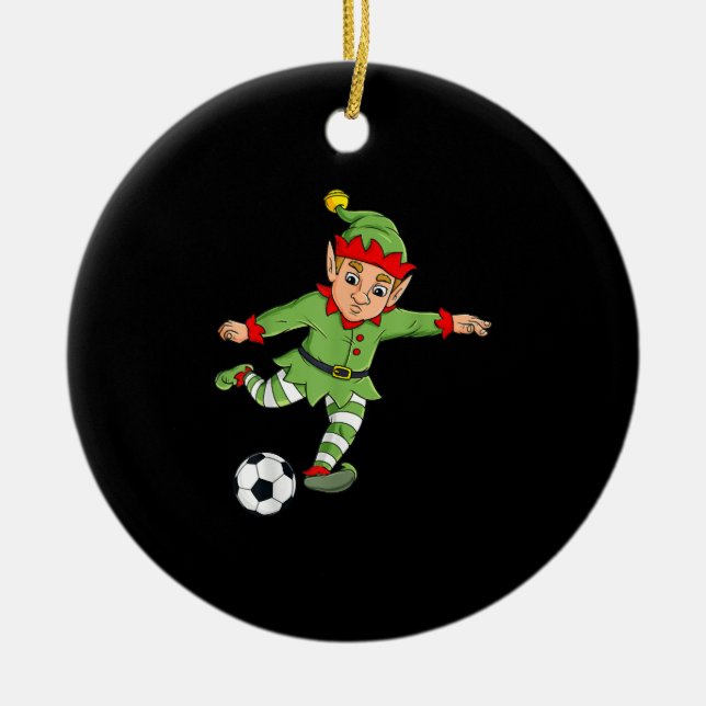 Christmas Elf Kicking Soccer Ball Funny Boys Girls Ceramic Ornament (Front)