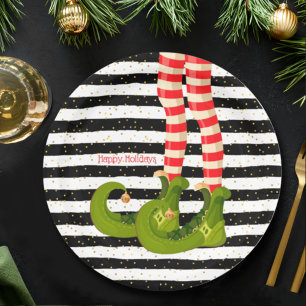 Christmas Elf Legs Black and White Stripes Paper Plate
