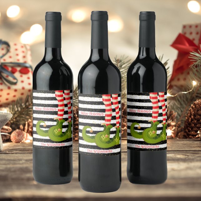 Christmas Elf Legs Black and White Stripes Wine Label (Creator Uploaded)