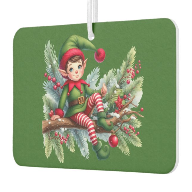 Christmas Elf On  A Pine Branch  Car Air Freshener (Left)