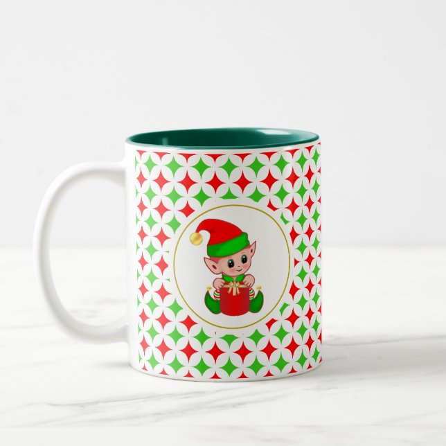Christmas Elf on Green & Red Diamond Star Pattern Two-Tone Coffee Mug (Left)