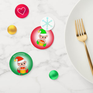 Christmas Elf on Green & Red, Heart & Snowflake Confetti