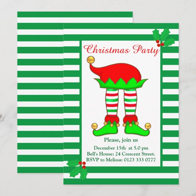 Christmas Elf on Green White Party Invitation (Front/Back)