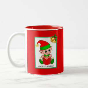 Christmas Elf on Red  Two-Tone Coffee Mug