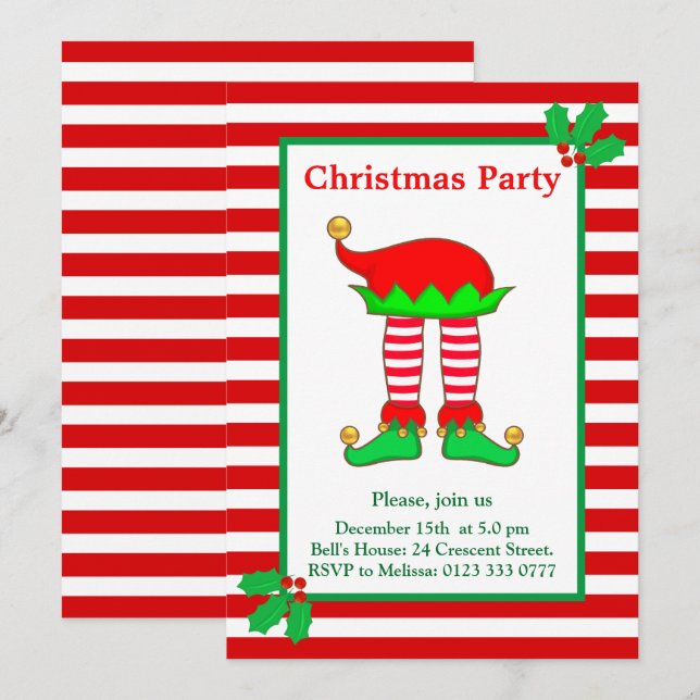 Christmas Elf on Red White Party Invitation (Front/Back)