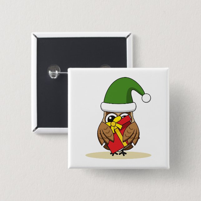Christmas Elf Owl with Present 15 Cm Square Badge (Front & Back)