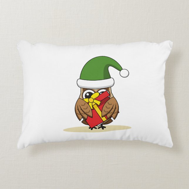 Christmas Elf Owl with Present Decorative Cushion (Front)
