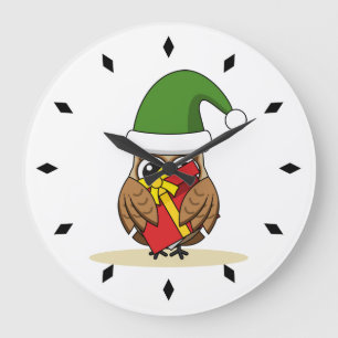 Christmas Elf Owl with Present Large Clock