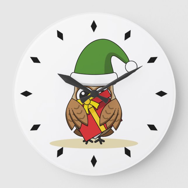 Christmas Elf Owl with Present Large Clock (Front)