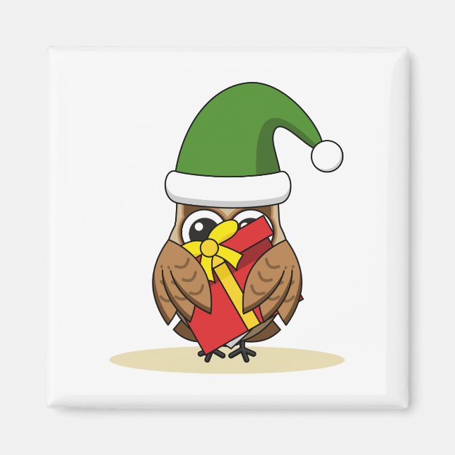 Christmas Elf Owl with Present Magnet (Front)