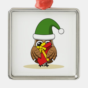 Christmas Elf Owl with Present Metal Ornament