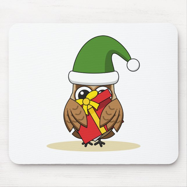 Christmas Elf Owl with Present Mouse Pad (Front)