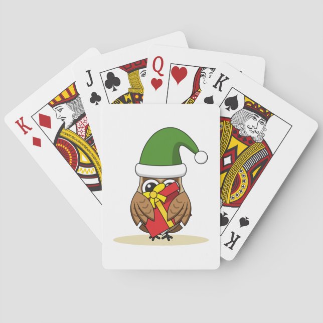 Christmas Elf Owl with Present Playing Cards (Back)