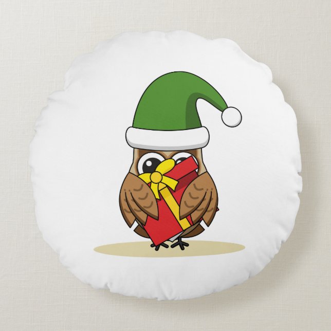 Christmas Elf Owl with Present Round Cushion (Front)