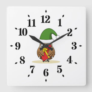Christmas Elf Owl with Present Square Wall Clock