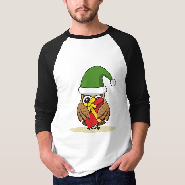 Christmas Elf Owl with Present T-Shirt (Front)