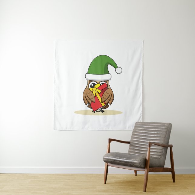 Christmas Elf Owl with Present Tapestry (In Situ)