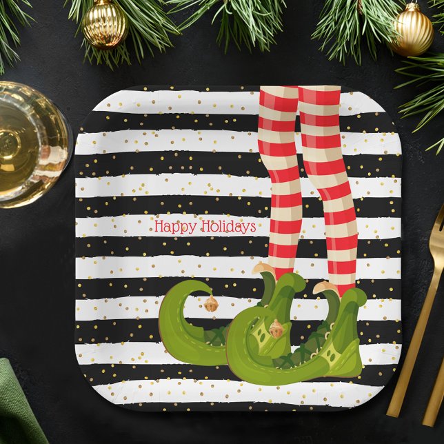 Christmas Elf Paper Plate (Christmas Elf Legs on Stripes Holiday Paper Plates)