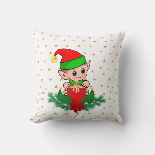 Christmas elf, pine, poinsettia & stars cushion (Front)