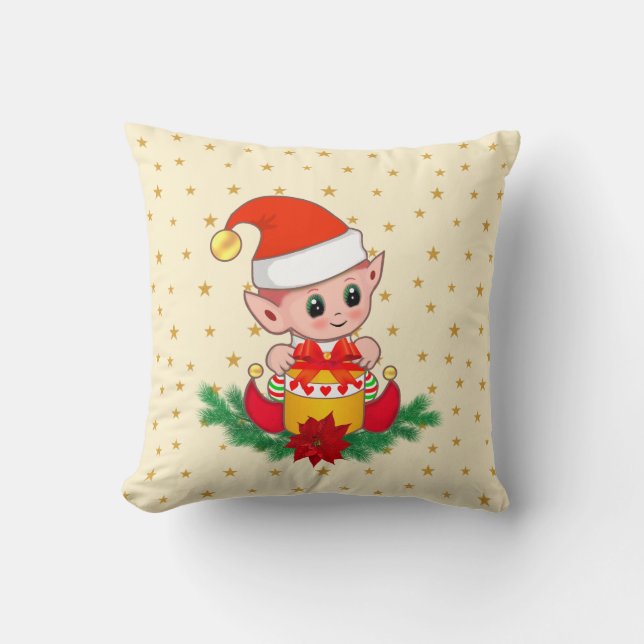 Christmas elf, pine, poinsettia & stars on ivory cushion (Front)