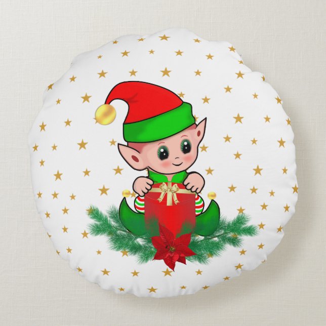 Christmas elf, pine, poinsettia & stars Round Round Cushion (Back)