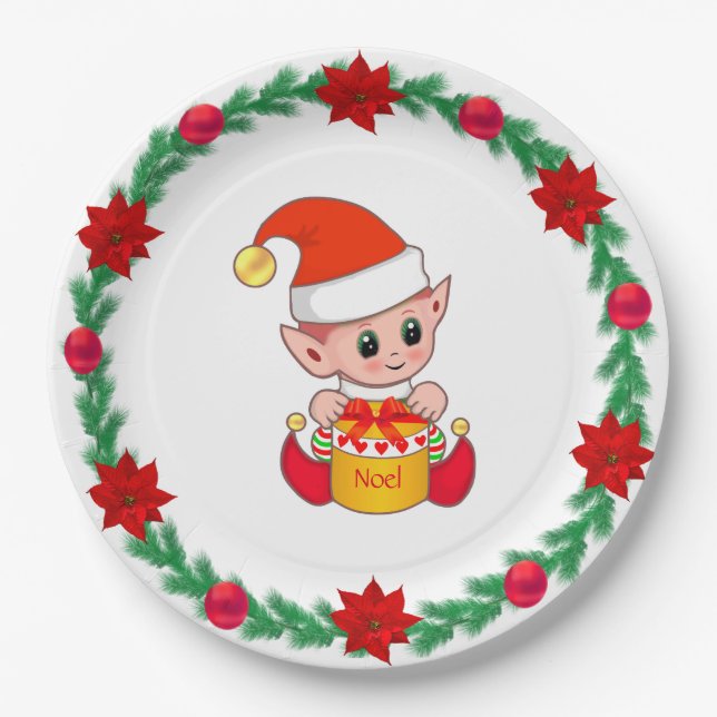 Christmas Elf, pine wreath, poinsettias &  balls P Paper Plate (Front)