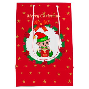 Christmas elf, pine wreath, poinsettias & stars medium gift bag