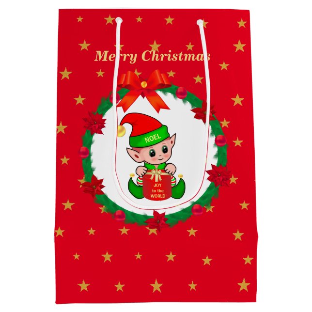 Christmas elf, pine wreath, poinsettias & stars medium gift bag (Back)