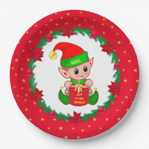 Christmas elf, pine wreath, poinsettias & stars paper plate