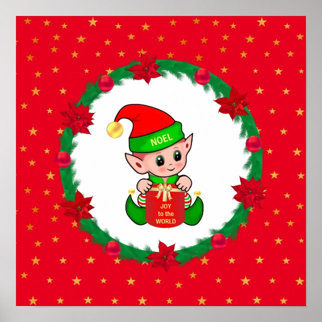 Christmas elf, pine wreath, poinsettias & stars poster (Front)