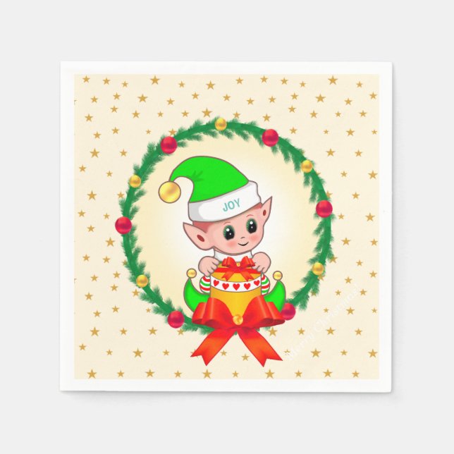 Christmas elf, pine wreath & stars  napkin (Front)