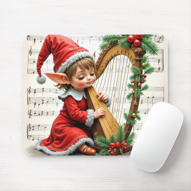 Christmas Elf Playing a Harp Mouse Pad (With Mouse)