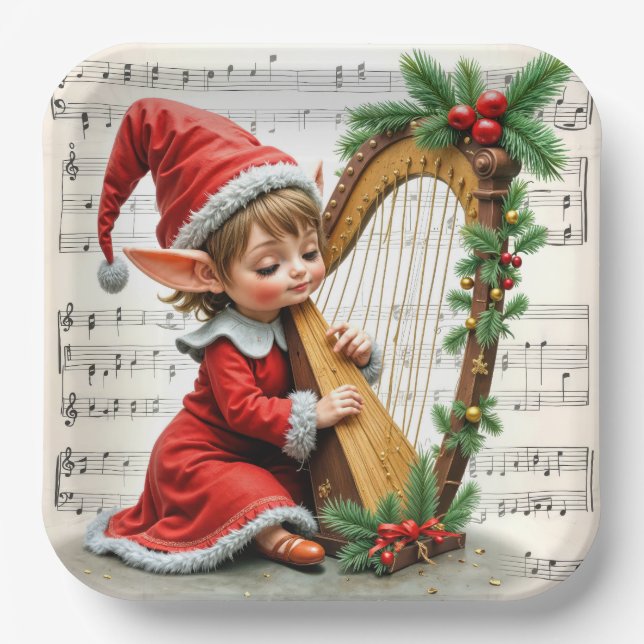 Christmas Elf Playing a Harp Paper Plate (Front)