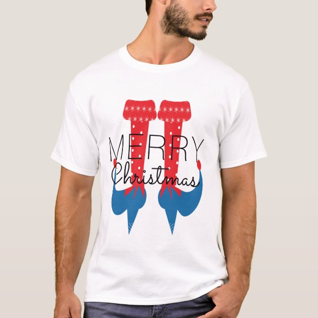 Christmas Elf Red Blue Script Snowflake Matching T-Shirt (Front)