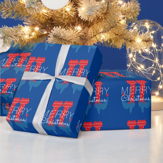 Christmas Elf Red Blue Script Snowflake   Wrapping Paper (Holidays)