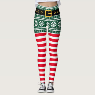 Christmas elf red & green striped snowflake print leggings